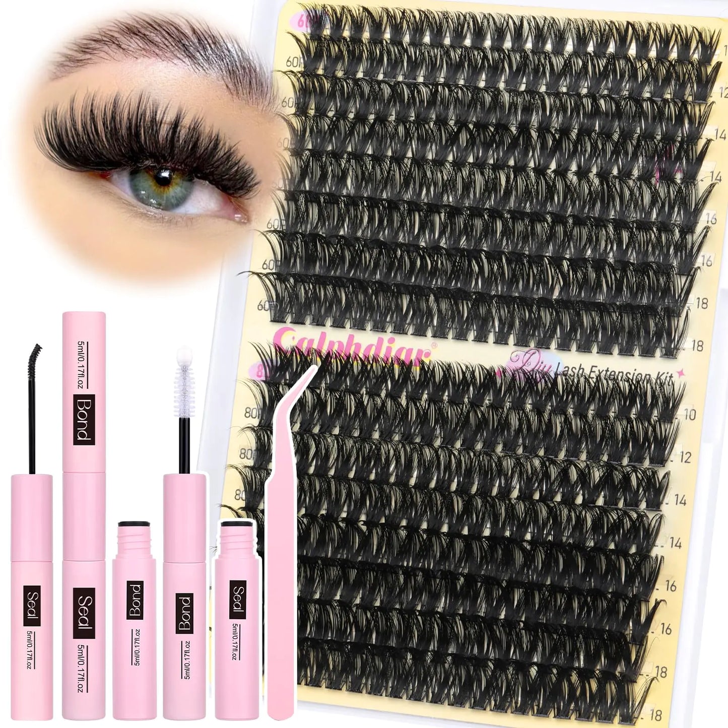calphdiar Lash Clusters Kit 320Pcs Lash Extension Kit 60D+80D Eyelash Clusters 10-18mm DIY Lashes Clusters Thick Volume Eyelash Extension Kit D Curl Wispy Individual Lashes with Lash Glue and Tweezers