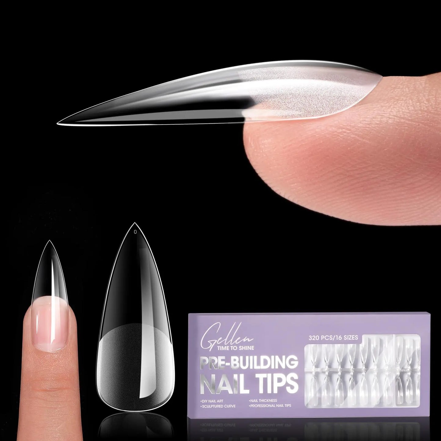 Gellen Long Almond Tipex Nail Tips 320pcs Instant Apex Nail Tips 16 Sizes Pre-builder Gel x Tips Long Stiletto Almond Strong Full Cover False Nail Tips Gel Extension Tips for Flat Nails