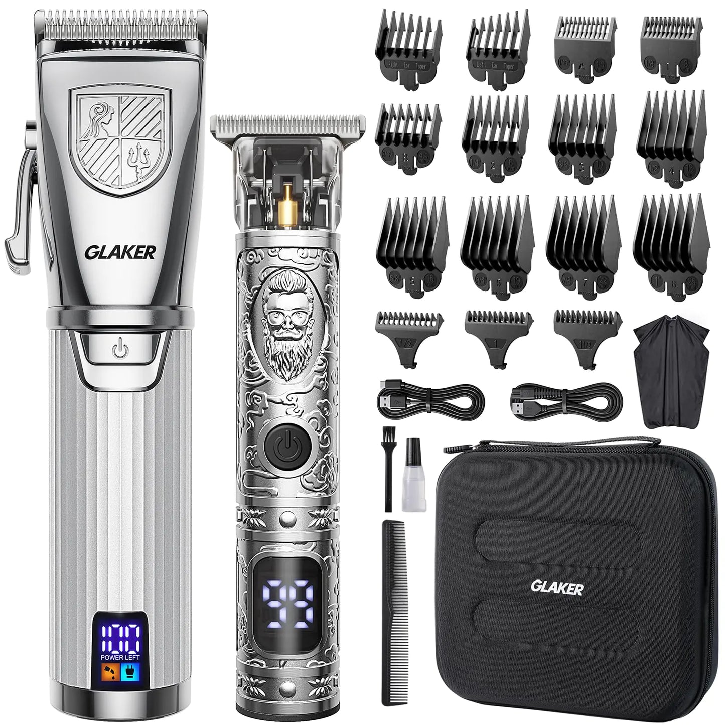 GLAKER Professional Hair Clippers Cordless Precision Trimmer Kit Zero Gap Trimmer with LED Display 15 Guide Combs