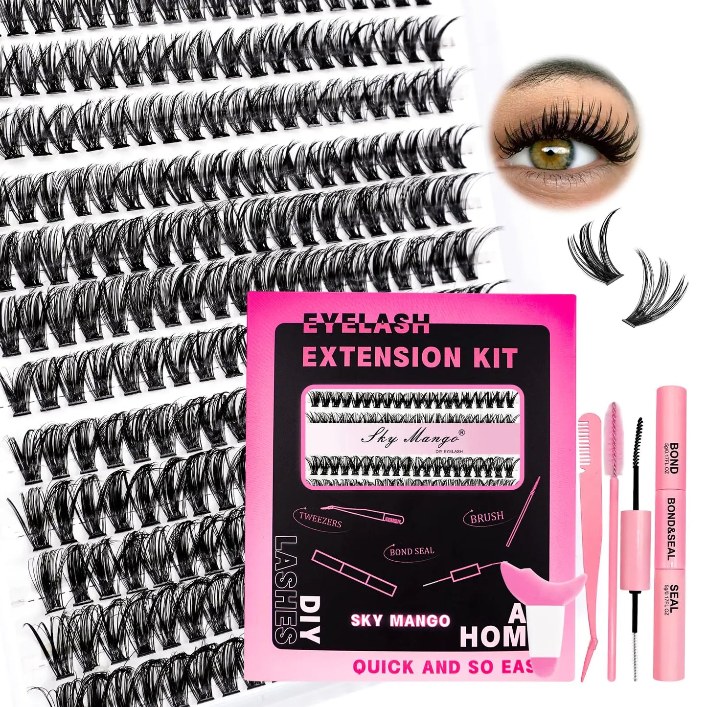 SKY MANGO Lash Clusters Kit 40D Curl 280pcs Individual Lash Extension 8-16mm Mixed with Lash Bond and Seal and Lash Tweezers and Lash Brush Fake Eyelashes for Self Use