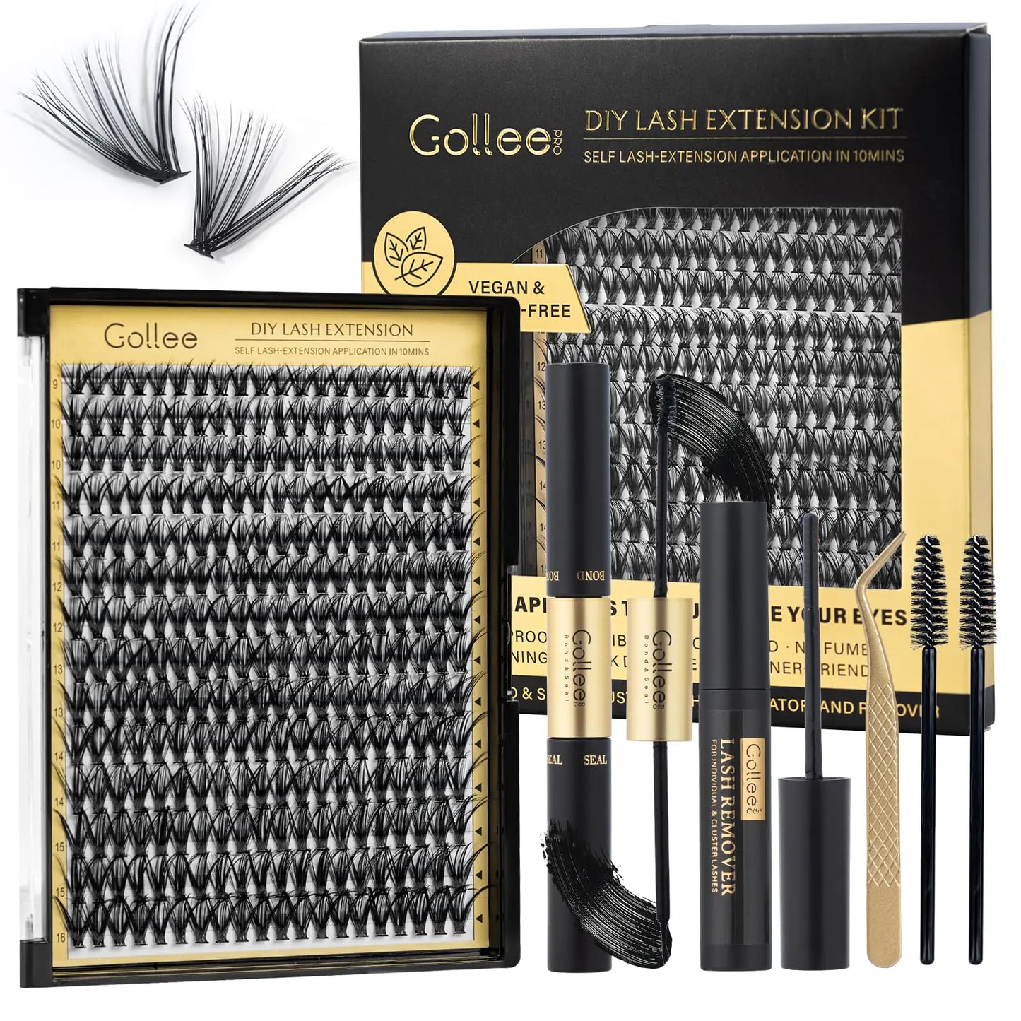 Lash Clusters Kit Individual Lash Extension Kit 280 PCS D Curl 9-16mm DIY Eyelash Extensions Kit with Lash Bond and Seal Waterproof and Cluster Lashes Glue Remover Lash Applicator by Gollee