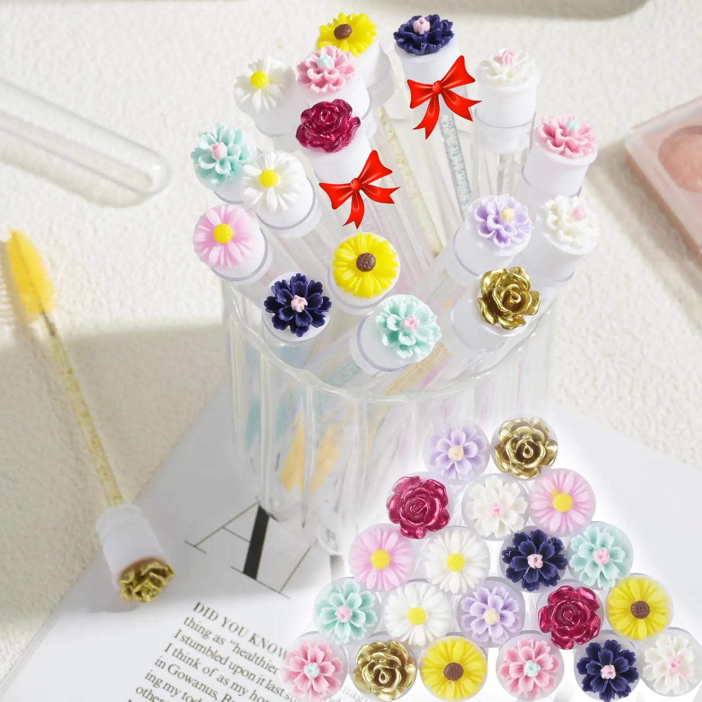 40 Piece Disposable Mascara Wands Set 20 Crystal Lash Spoolies and 20 Eyelash Extension Reusable Diamond Keychain Tubes Soft Comfortable(Flower)