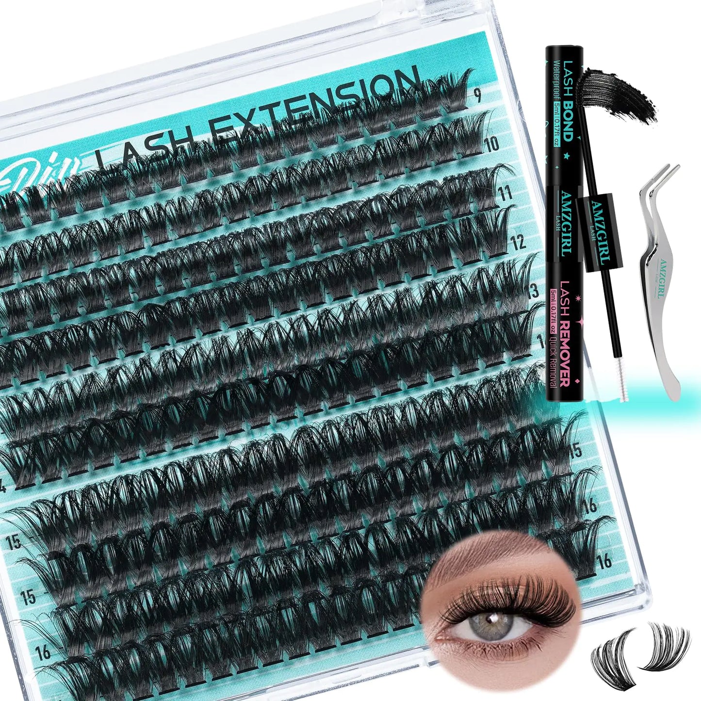 Lash Clusters Kit 200pcs Eyelash Extension Kit 80D D Curl Diy Cluster Eyelashes Extensions Lash Bond and Remover Waterproof Lash Applicator Tools for 9-16mm Mix Lashes Individual Lash Kit
