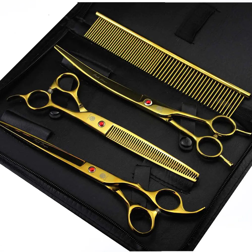 Purple Dragon 8 inch 3 in 1 Professional Pet Grooming Thinning Scissors - Upward Curved Shears and Dog Hair Cutting Scissor - (Gold)