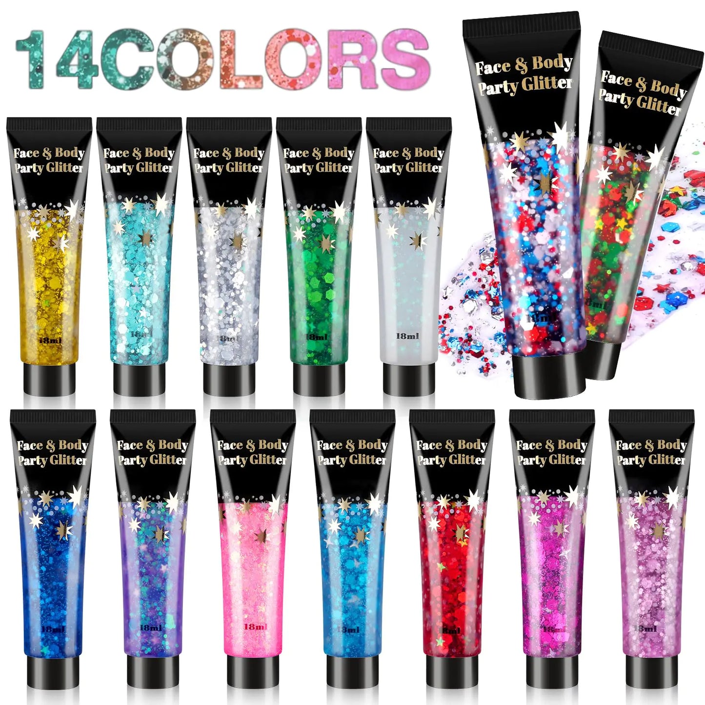14 Colors Body GlitterFace Glitter for Valentine’s DayHair GlitterMakeup Section Glitter GelDaylight Glitter Gel for BodyFaceHair EyeshadowGlitter for FestivalPartyFace and Body Glitter Gel