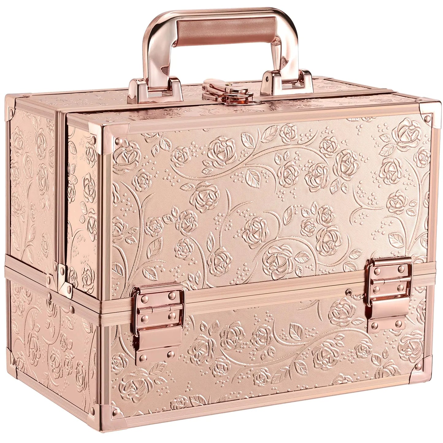 FRENESSA Makeup Train Case 11.8 Inch Extra Large Travel Case Rose Gold Floral