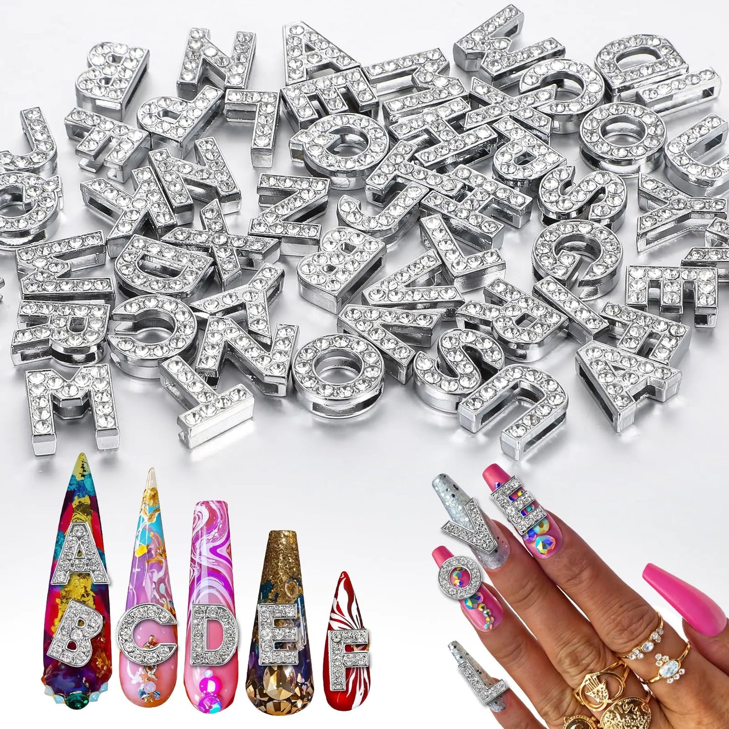 52 Pcs Large Letter Nail Charms Silver Rhinestone