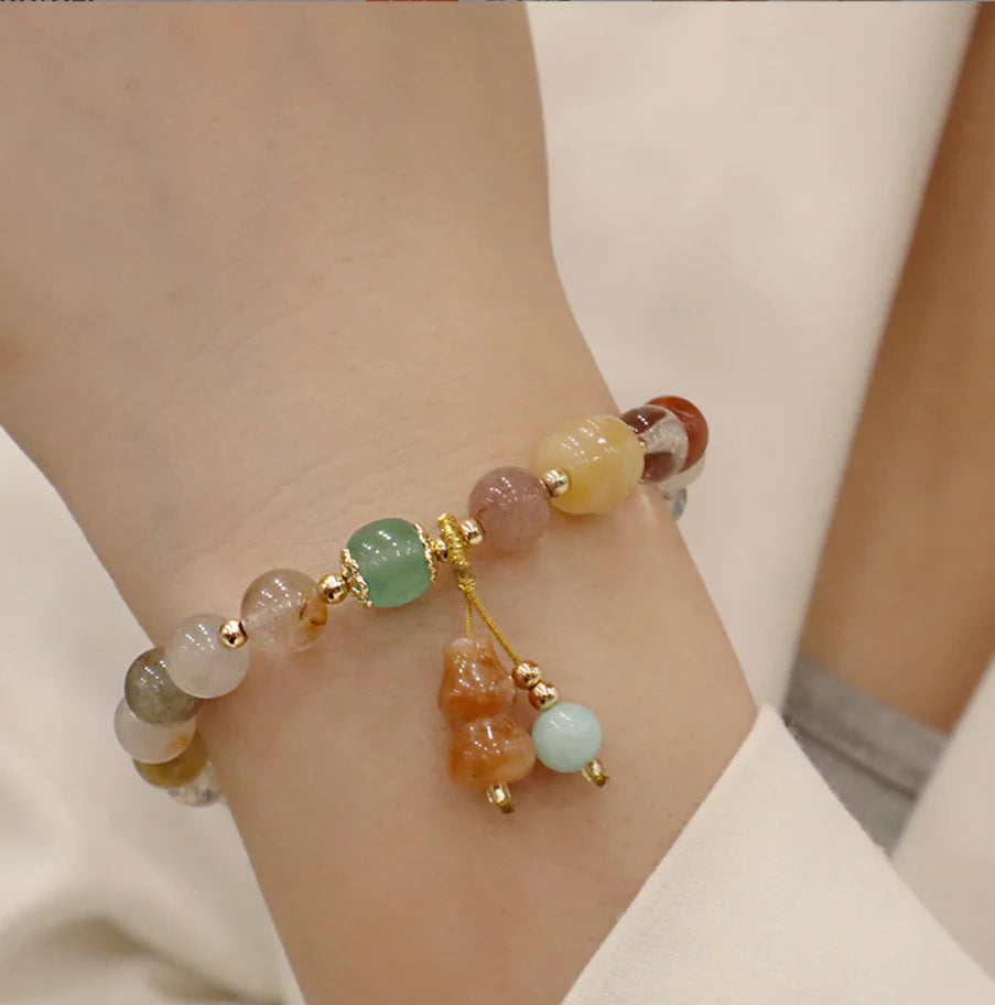 Natural Quartz Golden Jade Gourd Pendant Bracelet