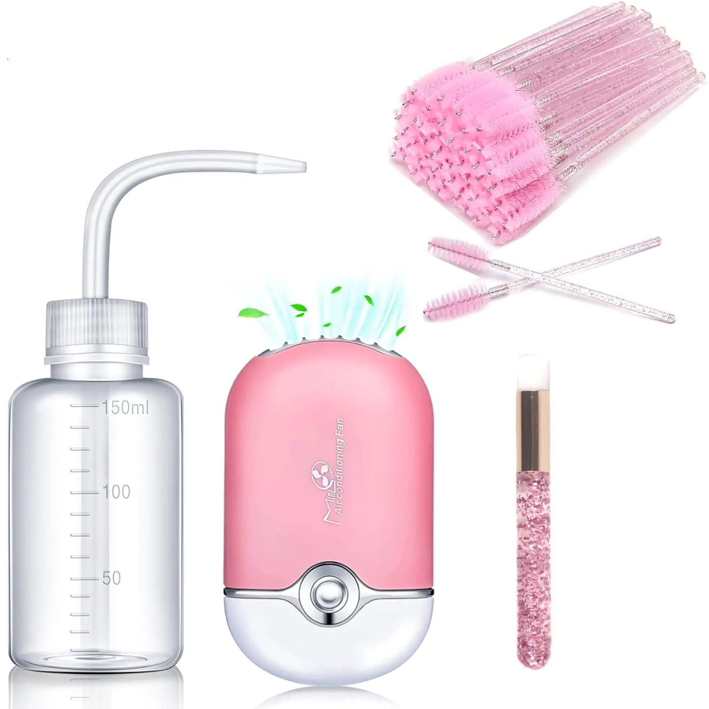 AREMOD Eyelash Extension Set USB Blower Fan 50 Lash Shampoo Brush 1 Nose Blackhead Facial Cleaning Brush 1 Plastic Wash Bottle(Pink)