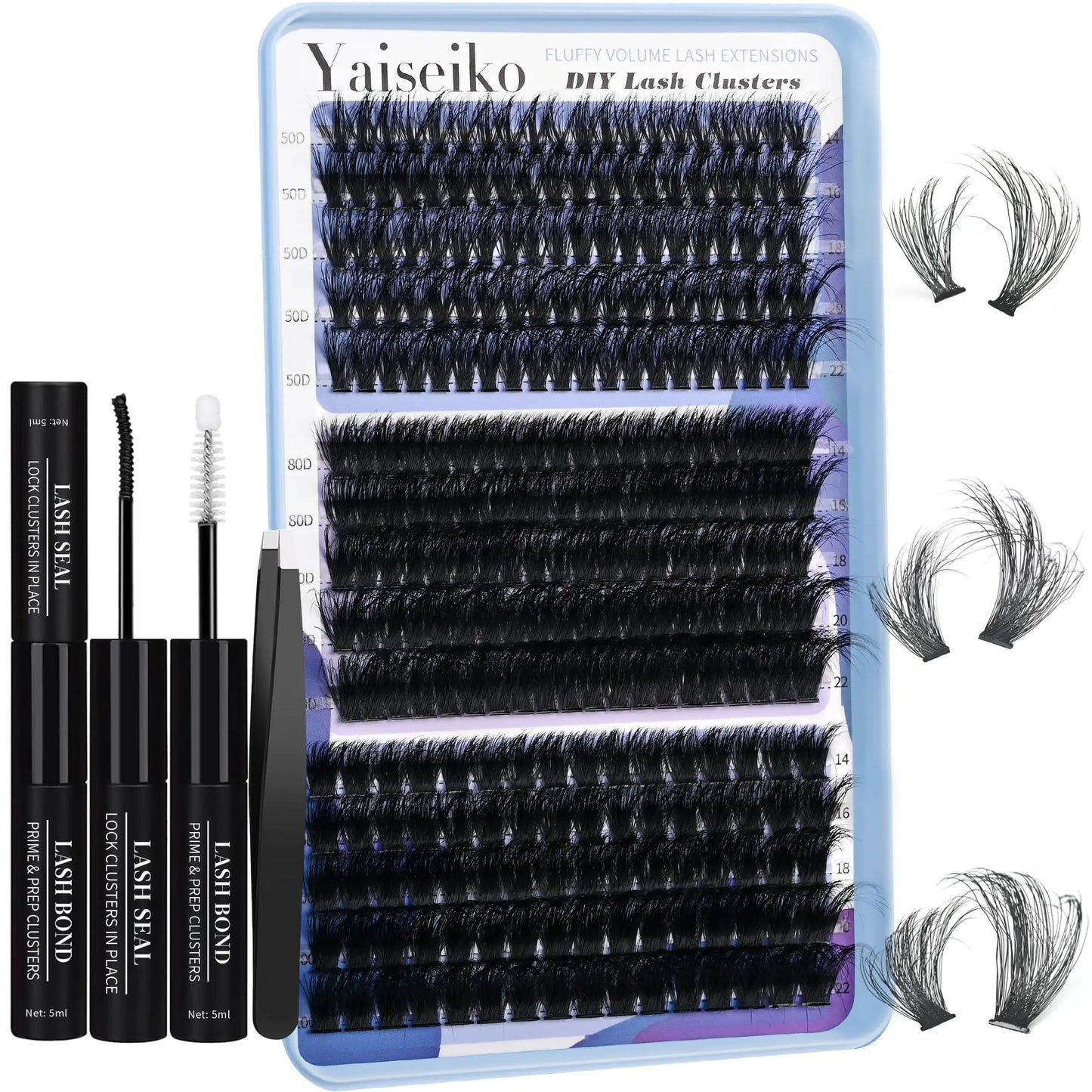 Fluffy Lash Clusters Kit Eyelash Extension Kit DIY Lash Extension Kit 280 PCS Lashes Clusters 14-22mm Cluster with Lash Bond and Seal Lash Applicator for Lash Extensions Beginners