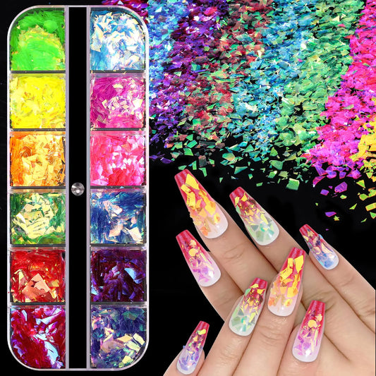 Kikonoke Iridescent Glitter Nail Sequins 12 Colors Ice Slag Chunky Glitter Flakes Holographic Irregular Mermaid Nail Glitter Transparent Laser Nail Decorations for Women Girls Nail Art Design