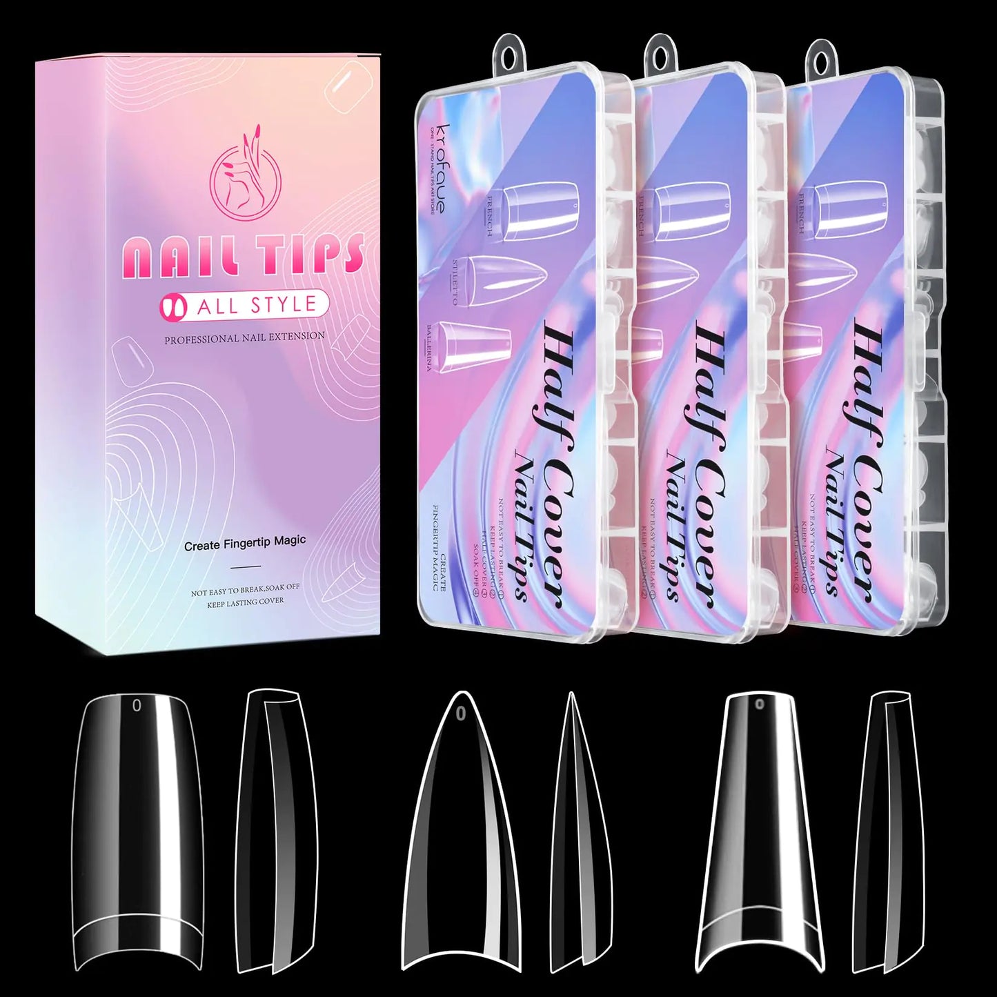 krofaue 3 Styles False Nail Tips Kit - 340pcs Clear Nail Tips Coffin Nails Stiletto Nails For Acrylic Nails Professional