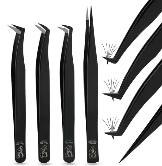 My Lash Tools Volume Eyelash Extension Tweezers Fiber Tip Lash Tweezers Precision Boot Fiber Tip Tweezers for Lash Extensions Japanese Steel Isolation Tweezer Eye Lash pinzas para pestaas (4pcs Set)