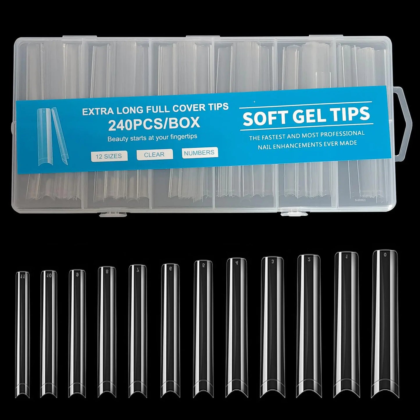 LXRFLBCJ 240PCS No C Curve Clear Nail Tips，3XL Extra Long Flat Tapered Square Nail Tips，12 Sizes Half Cover Straight Tapered Square French Fake Nail Tips for Nail Salons Home DIY