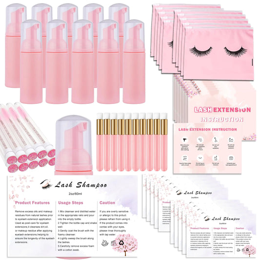 60pcs Lash Extension Cleaning Kit for Clients 10pcs Lash Brushes 10pcs Eyelash Brush with Tubes10pcs Lash Bottles10pcs Eyelash Bags10pcs Lash Shampoo Stickers10pcs Instruction Card (Pink 2)