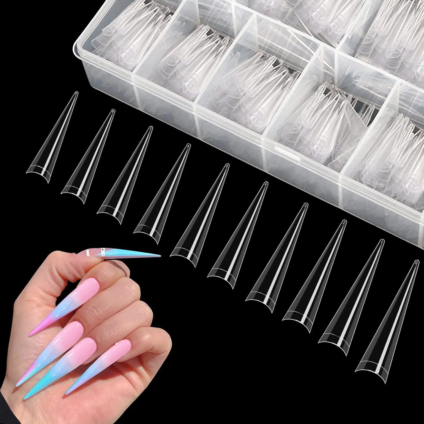 500pcs XXL Stiletto Nail Tips Clear Half Cover Stiletto Nail Tips for Acrylic Nails 10 Sizes False Nail Tips for Nail Extension with Box