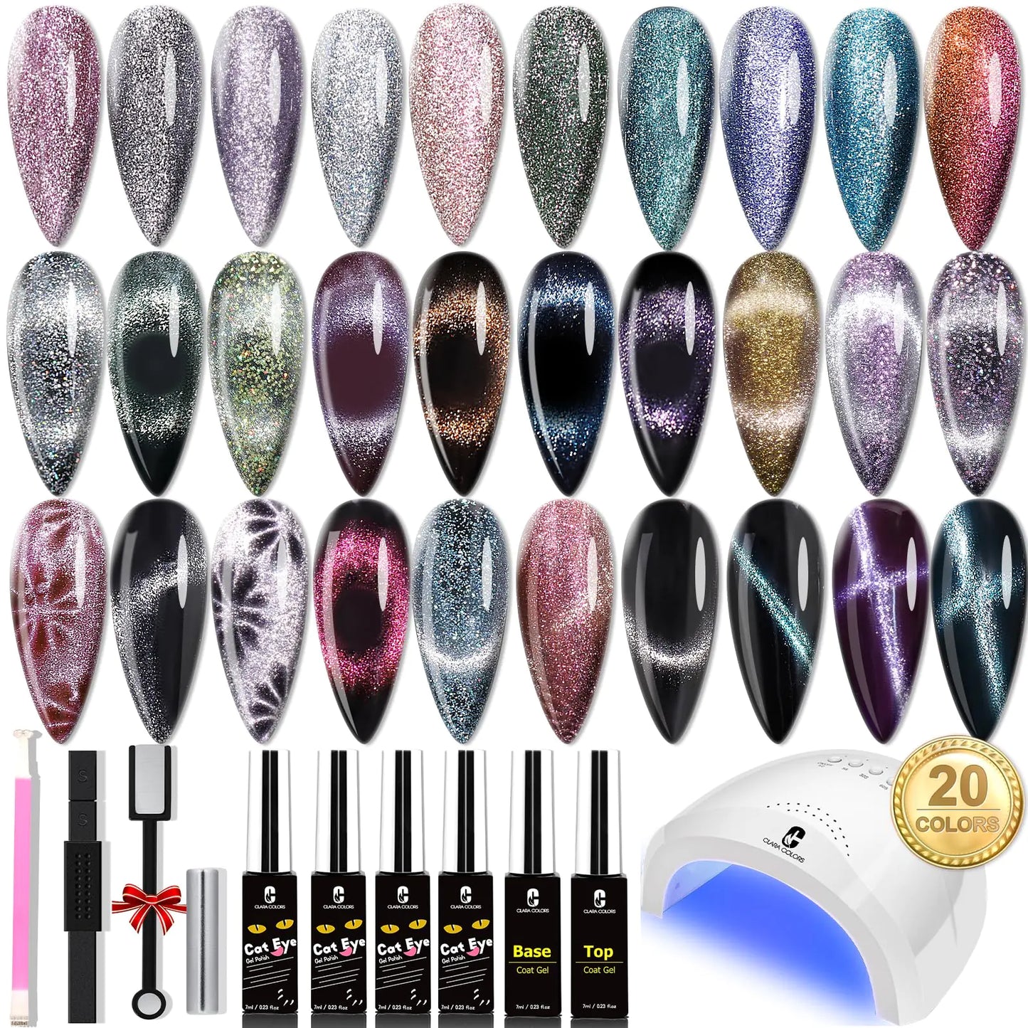 Clara Colors Cat Eye Gel Nail Polish Set with UV Light 20 Colors Magnetic Nail Polish Holographic Glitter Galaxy Series