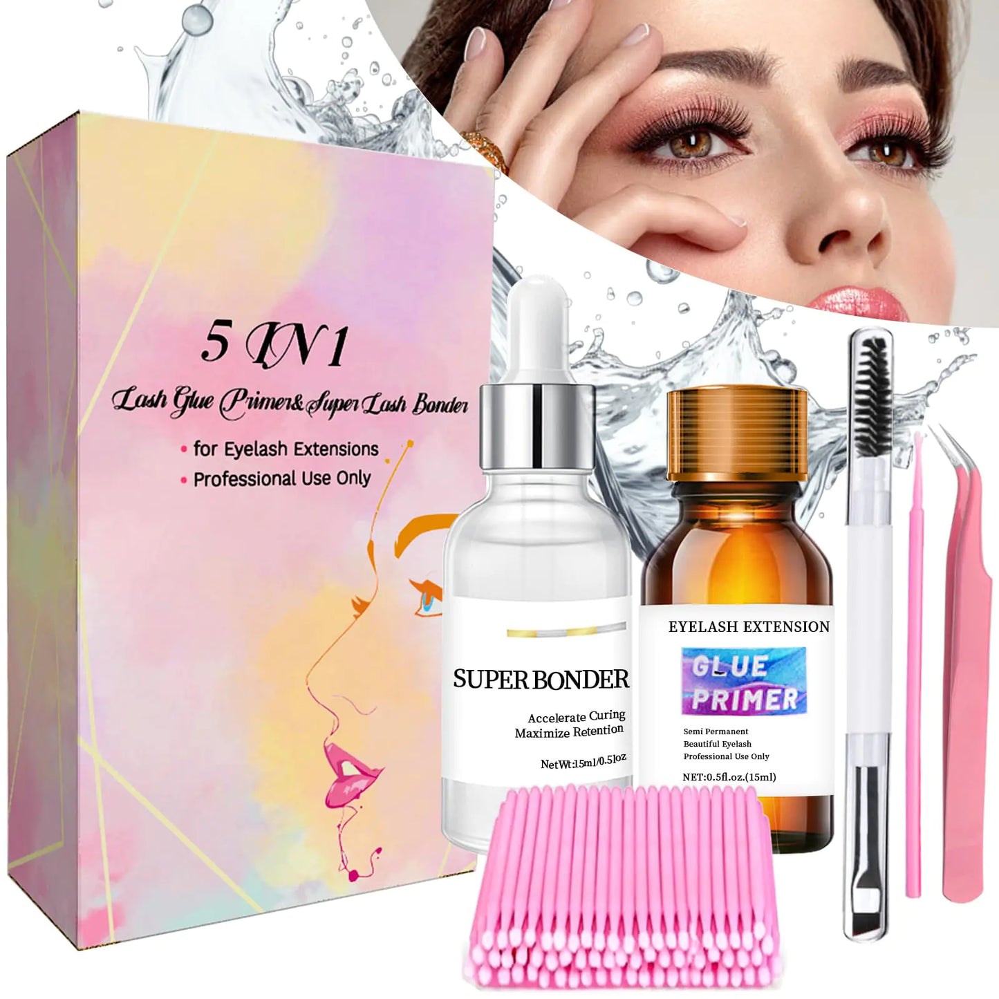 QUKLOGEN Super Lash Bonder Lash Glue Primer for Eyelash Extensions Kit Instant Cure Adhesive Companion 5 IN 1 Professional Use Only