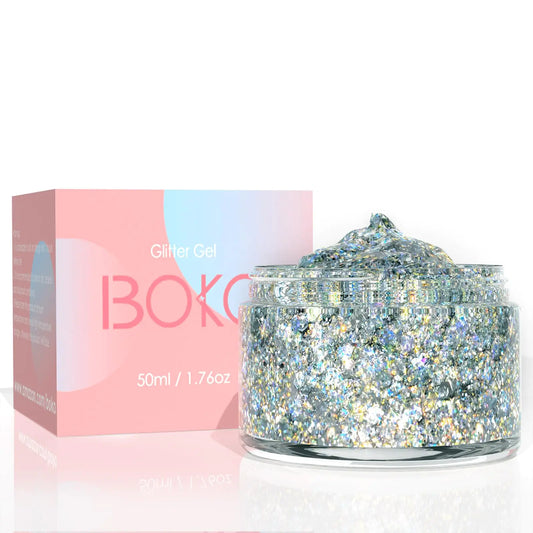Boko 50ML Body Glitter Gel Silver Mermaid Chunky Glitter Gel for Face Hair Body Sparkle Snow Flake Makeup Cosmetic Face Glitter Sequins for Festival Concert Party Rave Accessories
