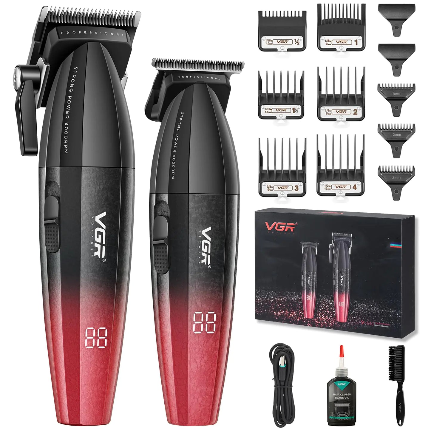 VGR 640 Professional Hair Clippers Cordless and Trimmers Set Zero Gap T-Blade Kit DLC Coated Ceramic Blade with LED Display(Red)
