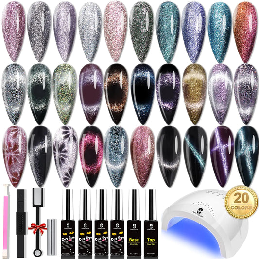Clara Colors Cat Eye Gel Nail Polish Set with UV Light 20 Colors Magnetic Nail Polish Holographic Glitter Galaxy Series