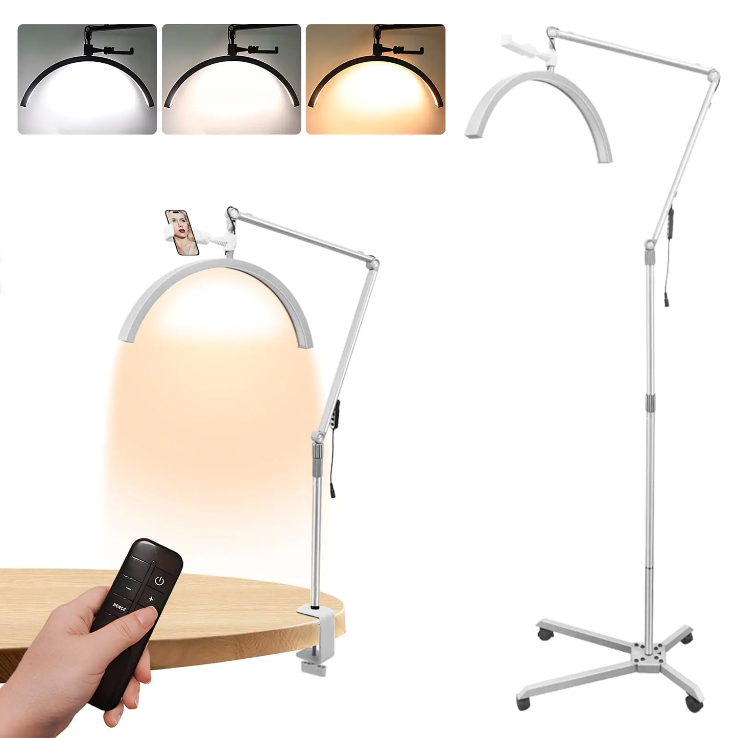 Semoprus 2 in 1 Lash Light for Eyelash Tech Portable Half Moon Desk Lamp with Wheels LED Lash Lamp for Tattoo Artists Nail Tech Adjustable Brightness (White)