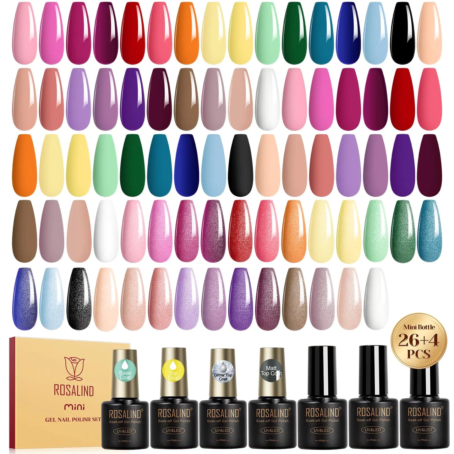 ROSALIND Gel Nail Polish Set 26 Colors with 4Pcs Gel Base and Glossy Matte Glitter Top Coat