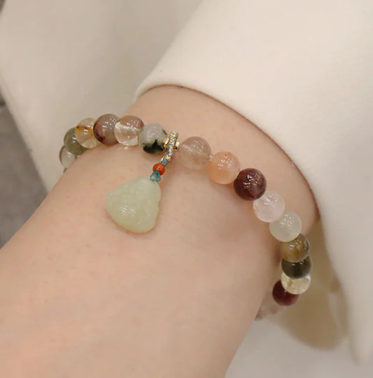 Natural Quartz Golden Jade Gourd Pendant Bracelet