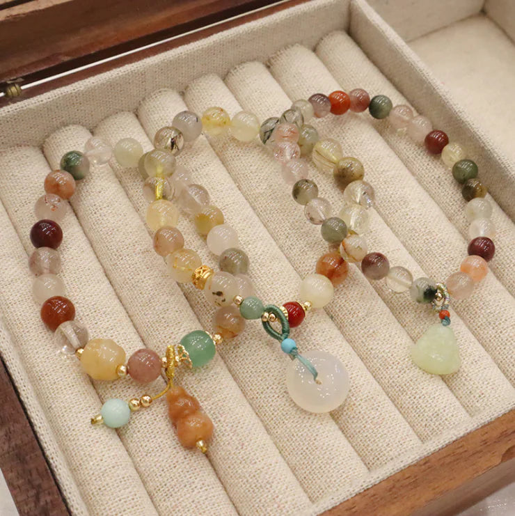 Natural Quartz Golden Jade Gourd Pendant Bracelet