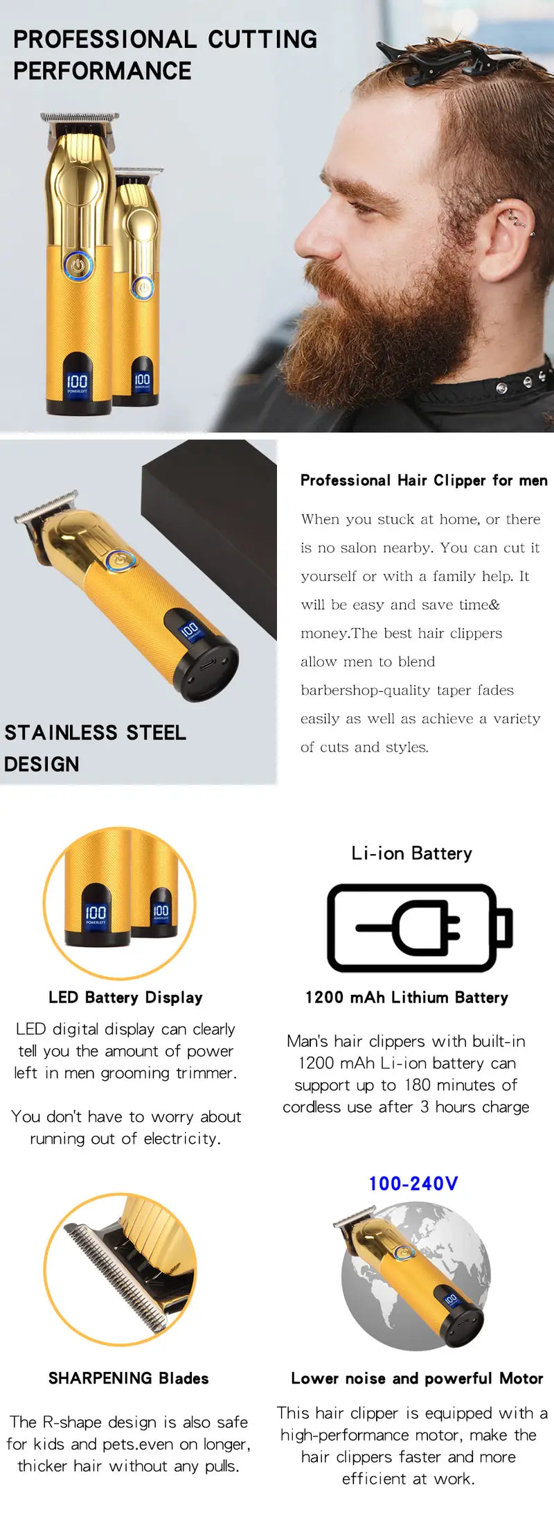 Cordless Rechargeable Professional Hair Clippers for Men